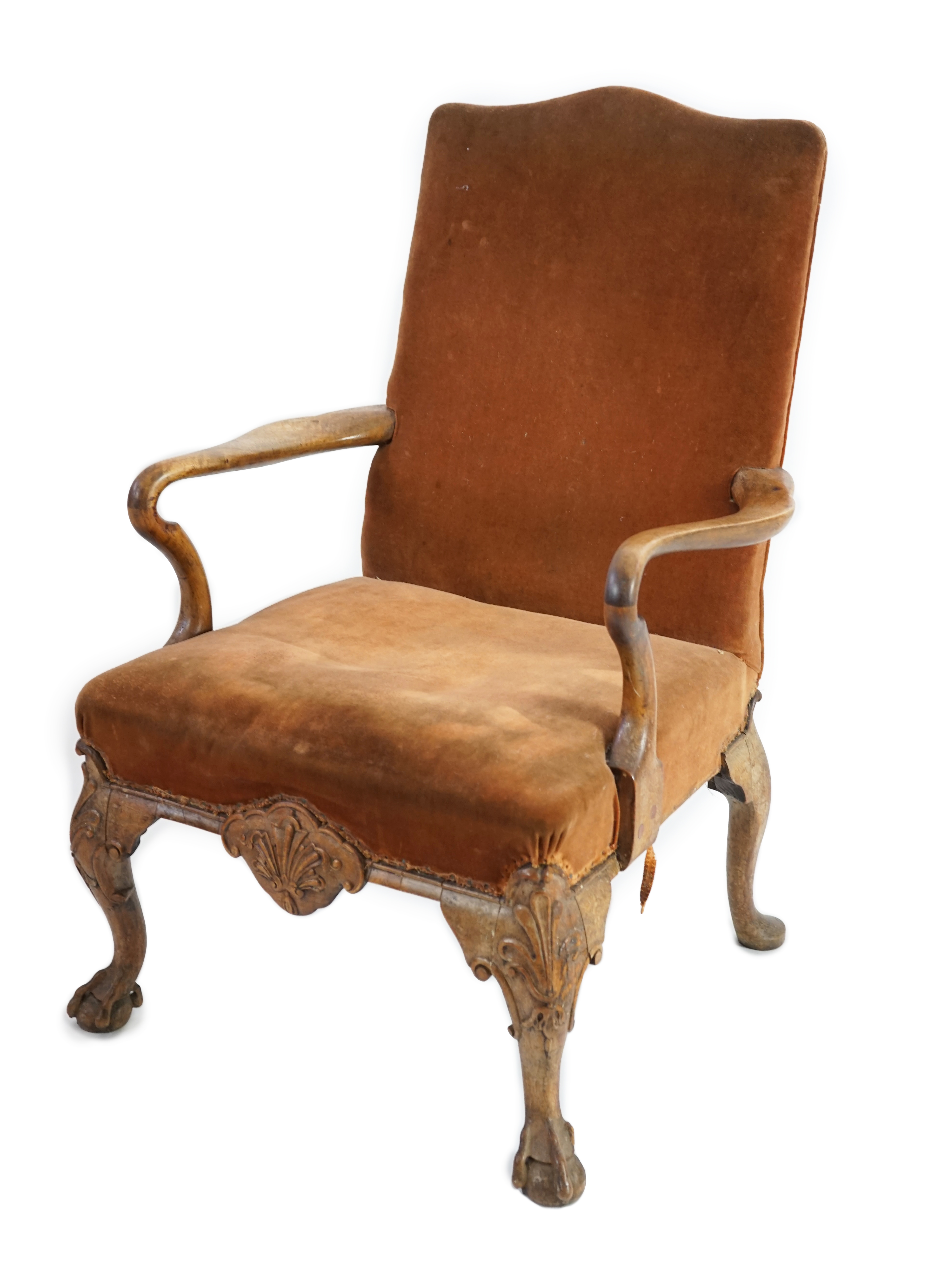 A George II walnut upholstered open armchair